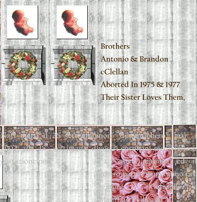 Armando e Rodolfo Nati morti il 26 settembre 2002 alla 18° settimana di gestazione per  rottura del sacco amniotico, affetti da trasfusione feto-fetale. Angioletti miei, grazie per avermi dato una gioia immensa anche se breve, non dimenticherò mai i vostri corpicini meravigliosi. La vostra mamma ed il vostro papà vi ameranno per sempre - Gabriella e Maurizio Pellicanò  Brothers Antonio & Brandon cClellan Aborted In 1975 & 1977 Their Sister Loves Them,