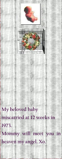 My beloved baby miscarried at 12 weeks in 1973. Mommy will meet you in heaven my angel. Xo.
